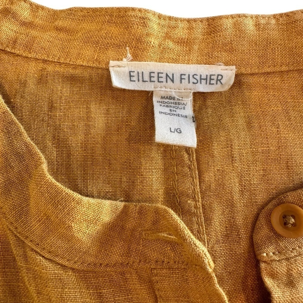 Eileen Fisher Mustard Yellow Button-Up organic linen short sleeve Dress - Picture 13 of 16